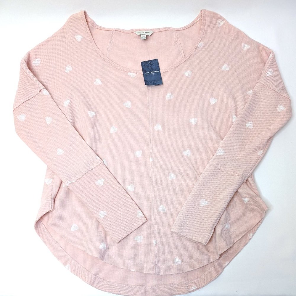 NWT Lucky Brand Long Sleeve Pink Heart-Print Round Neck Shirt Women's Size Small